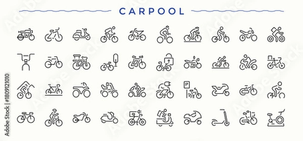 Fototapeta Carpool icon set. Includes symbols for cab, service, hire, automotive, travel, taxi, bike and more. Rental icon set. Thin line icons set. Editable stroke. Vector illustration.