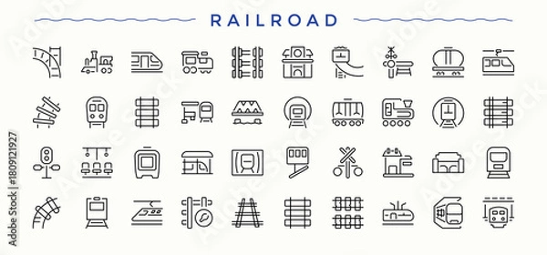 Fototapeta Railroad linear icon set. Vehicle sign and symbol. Set of line pictogram. Transport icon set. Editable stroke. Pixel Perfect.
