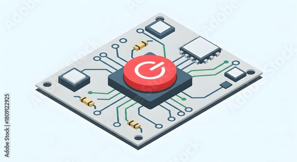 Fototapeta Isometric illustration of a modern electronic circuit board featuring a central red power button, symbolizing control, activation, and system management in technology