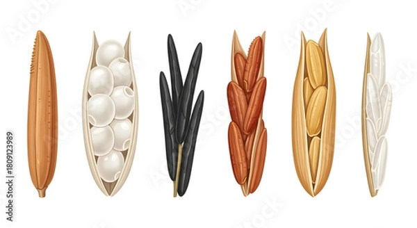 Fototapeta Assortment of diverse rice grains in detailed illustration, highlighting unhulled, white, brown, black, and red varieties, perfect for culinary and agricultural themes