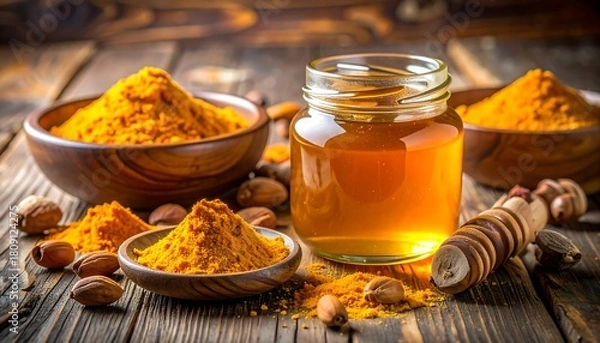 Obraz Golden turmeric powder, nuts, and honey jar sit on weathered wooden planks in a warm, inviting still life