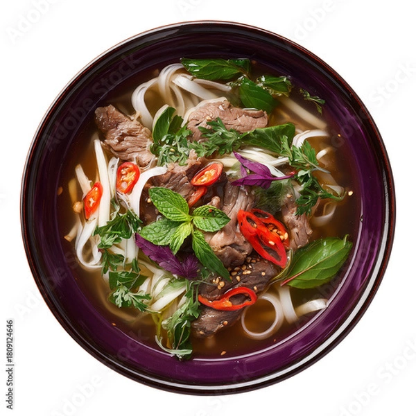 Fototapeta vegetable udon noodles arranged in rich brown bowl highlighting comforting warm Asian flavors overhead