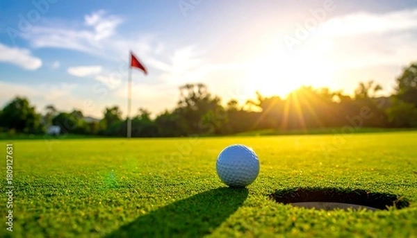 Obraz Golf ball resting near the hole on vibrant green grass, with a red flag and sunset in the background