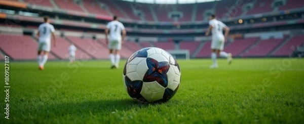 Fototapeta Football on field before kickoff, players warming up in background. Symbol of global sport, passion, and competitive teamwork in modern stadium. Soccer banner.
