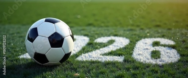 Fototapeta Football match concept for World Cup of 2026, top view of ball on green grass moving slowly on a green field. Sports championship theme showing a soccer ball.