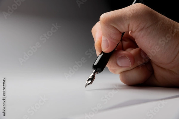 Obraz hand writes with a black pen on a clean white background with ample space for text. The hands masterfully practiced calligraphy on textured paper, surrounded by a serene atmosphere