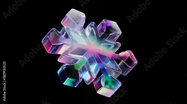 Obraz Iridescent glass snowflake shining on black background