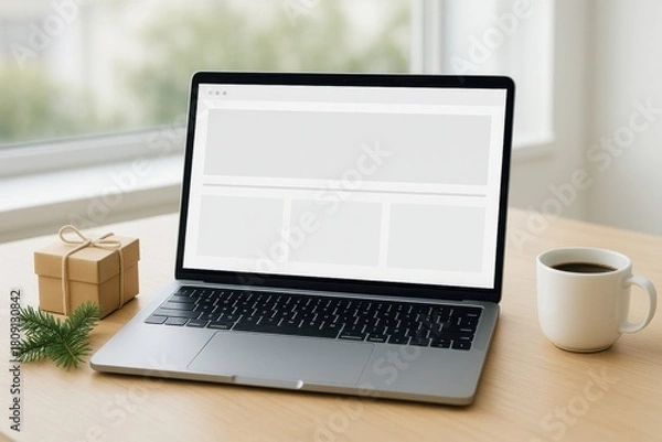 Fototapeta Open laptop on a wooden desk next to a wrapped gift, pine branches, and a cup of coffee, creating a cozy holiday workspace scene.
