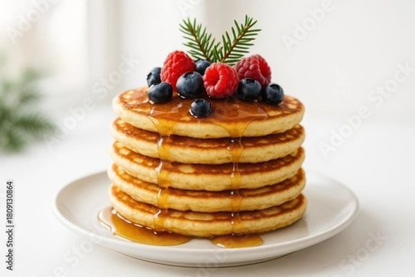 Fototapeta Tall stack of fluffy pancakes topped with fresh berries and a pine sprig, drizzled with maple syrup for a festive holiday breakfast.
