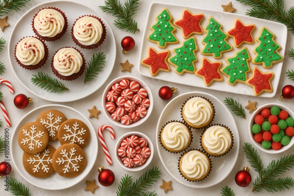 Fototapeta Colorful holiday spread featuring Christmas tree cookies, star cookies, snowflake gingerbread, peppermint candies, and frosted cupcakes with pine branches.
