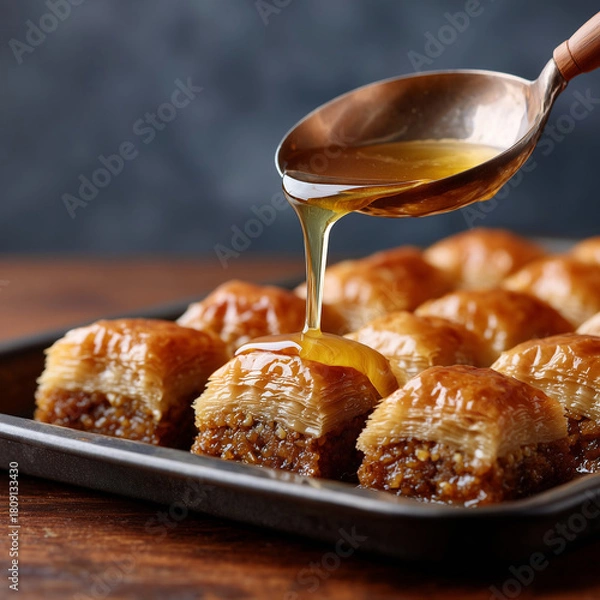 Fototapeta Baklava with spoon pouring golden honey syrup