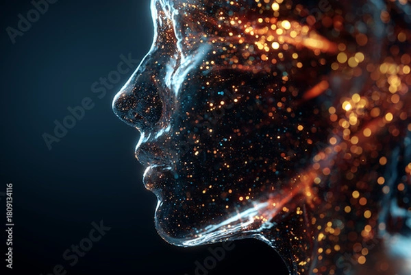Obraz human head made of transparent glass filled with floating data particles symbolizing scientific thinking and technology