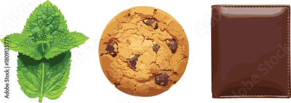 Obraz Mint leaves, chocolate cookie, leather wallet, contrast of objects, food and accessory, texture detail, white background, isolated