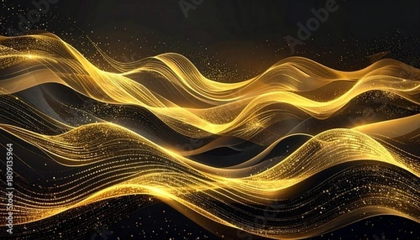 Obraz Golden waves flow across a dark background, sparkling with light and creating depth