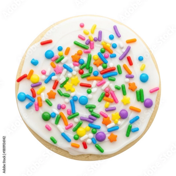 Obraz Deliciously decorated sugar cookie with white frosting and colorful sprinkles awaiting enjoyment transparent background