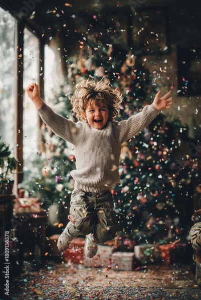 Fototapeta Child joyfully jumping amid colorful festive confetti in a warm holiday room with a decorated Christmas tree