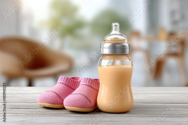 Fototapeta Cozy nursery scene with milk-filled baby bottle and soft baby shoes on wooden table, symbolizing care, love, and family warmth.
