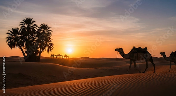Obraz Desert sunset with camel caravan and palm trees on sand dunes