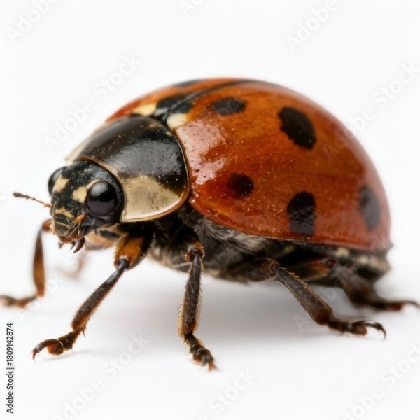Obraz Macro close-up of a ladybug on a white background, detailed view of red elytra with black spots, legs and antennae, insect macro photography, entomology science concept, minimalistic composition with 