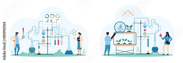 Obraz Chemistry, biology and biotechnology research set. Tiny people study with magnifying glass growing plants, reaction on reagents in test tubes, pipe system and lab burner cartoon vector illustration