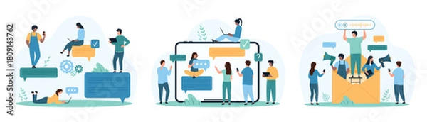 Fototapeta Chat communication via text and voice messages set. Tiny people send audio mail, holding push notification and speech bubbles of text SMS in messenger on tablet screen cartoon vector illustration