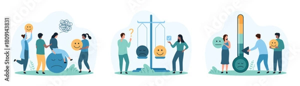 Obraz Satisfaction survey with emoji of customers mood from product or service experience set. Tiny people try to change sad emotions, weigh positive negative emoticons on scales cartoon vector illustration