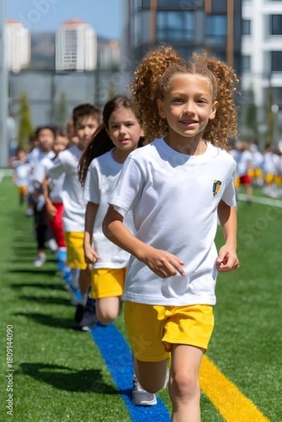 Fototapeta A happy, diverse group of primary school children runs joyfully outdoors in bright sunlight, celebrating friendship, energy, and playful excitement.