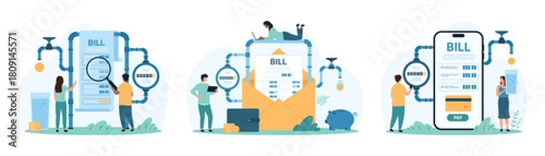 Obraz Payment for water supply, utility bill set. Tiny people check water consumption in household system with meter readings, pay for invoice in mobile app and paper letter cartoon vector illustration