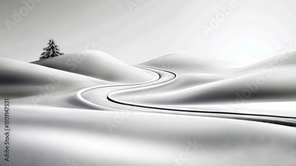 Obraz A solitary snow-covered pine tree stands on a hill overlooking a winding road through a vast, minimalist winter landscape.