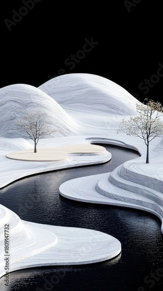 Obraz A stylized winter scene featuring smooth, white, layered hills, a dark, winding river, and two bare trees against a black background.