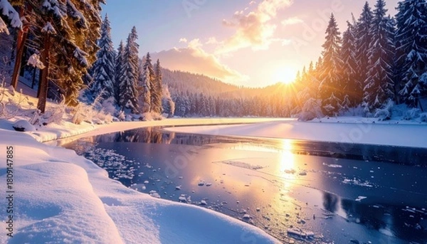 Obraz A tranquil winter scene unfolds with snow-laden evergreen trees bordering a partially frozen lake, illuminated by the warm glow of a rising sun.