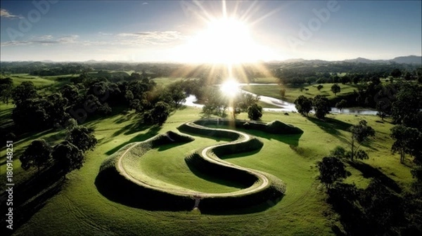 Obraz An aerial view of a winding, serpentine earthwork sculpture set against a backdrop of lush green hills, trees, and a river under a bright sunburst.