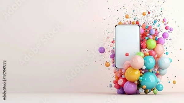 Obraz A modern smartphone with a blank white screen is surrounded by a cascade of colorful, glossy balloons and confetti.