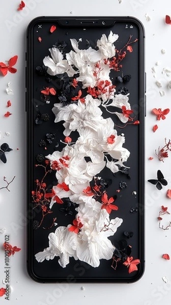 Obraz A smartphone displays a striking arrangement of white and red flowers and delicate branches against a black screen.