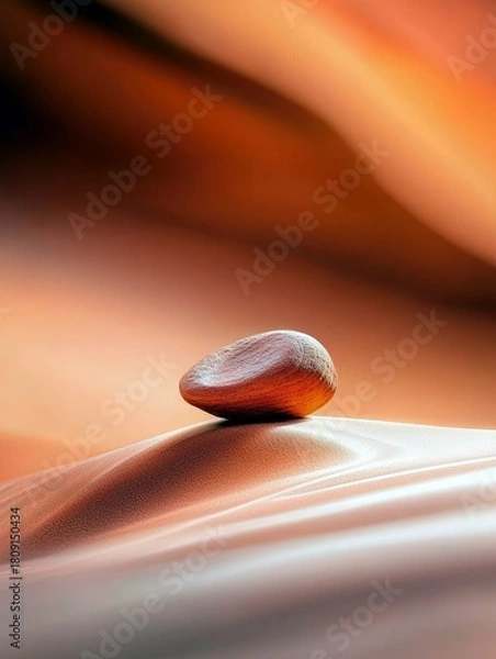 Obraz A single, smooth, reddish-brown stone rests atop a gently curved sand dune, with soft, warm light illuminating the scene.