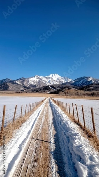 Obraz A long, snow-covered dirt road stretches towards majestic, snow-capped mountains on a clear, bright day.