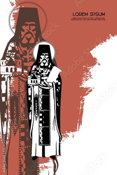 Fototapeta Religious vintage poster template with Saint Simeon Popovic (Dajbabe). Christian illustration in Byzantine style