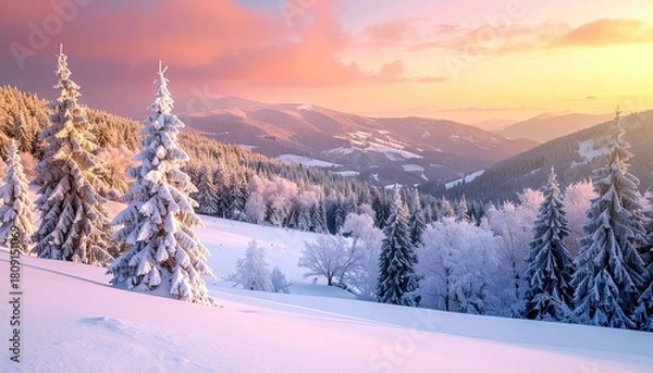 Obraz A serene winter landscape featuring snow-laden evergreen trees and rolling mountains bathed in the soft, colorful light of sunrise.