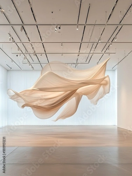 Obraz A large, ethereal fabric sculpture in a neutral tone hangs suspended in a bright, minimalist art gallery space.