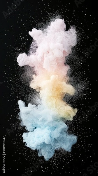 Obraz A dynamic explosion of pastel pink, yellow, and blue smoke clouds interspersed with shimmering glitter particles against a stark black background.