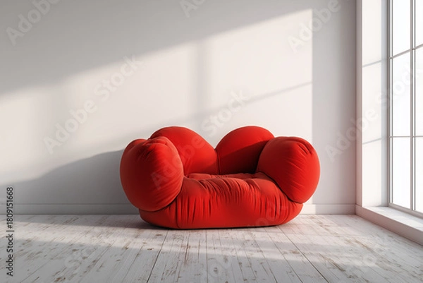 Obraz Stylowa czerwona kanapa w kształcie serca jako wyjątkowy element wystroju wnętrza