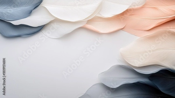 Obraz A collection of soft, pastel-colored feathers arranged in a flowing pattern on a clean white background.