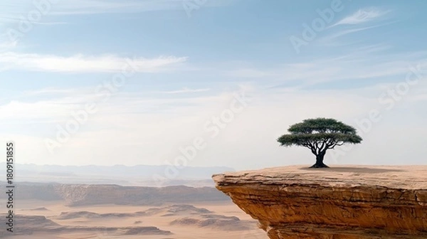 Obraz A lone tree stands on the edge of a rocky cliff, overlooking a vast, arid desert landscape with distant mountains under a pale blue sky.