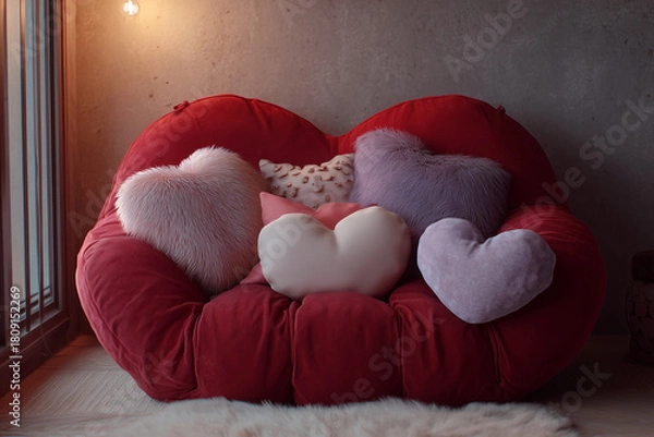 Obraz Stylowa czerwona kanapa w kształcie serca jako wyjątkowy element wystroju wnętrza