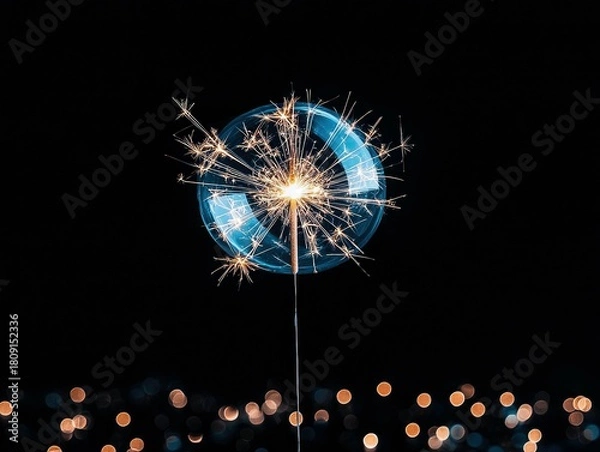 Obraz A sparkler burns brightly, its sparks illuminating a translucent blue bubble. The background is dark, with a soft bokeh effect of warm-toned lights at the botto