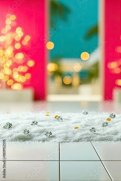 Obraz Diamonds and gold confetti are sprinkled on a white surface, with a blurred background of bright pink and turquoise colors and bokeh lights.