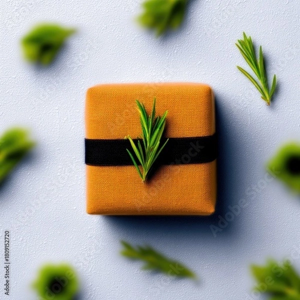 Obraz A square orange gift box adorned with a black ribbon and a fresh rosemary sprig, set against a soft blue background with scattered green leaves.