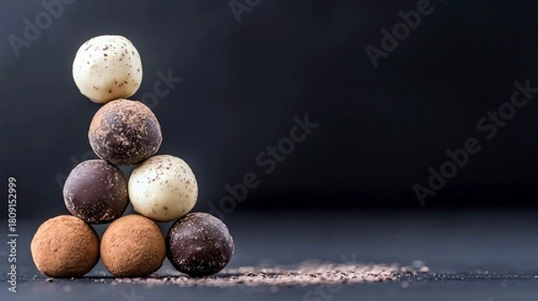 Obraz A pyramid of seven chocolate truffles, a mix of dark, milk, and white chocolate, are artfully arranged against a dark, moody background.