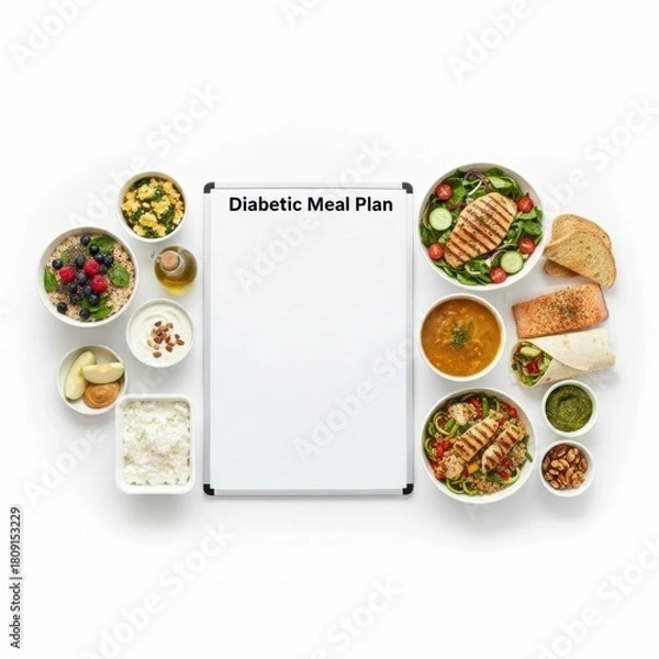 Obraz Diabetic meal plan concept balanced healthy food composition with lean protein, vegetables, fruits, nuts, and whole grains around blank board for diet planning. Concept of nutrition, diabetes control,
