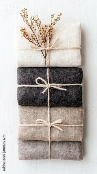 Obraz A vertical stack of five folded textiles in varying neutral tones, each tied with rustic twine, topped with a sprig of dried flowers.